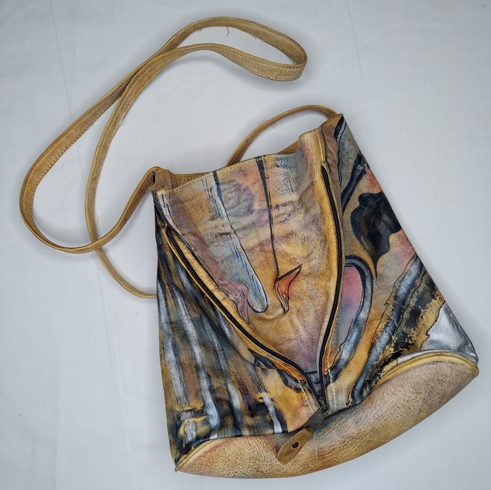 Anthropologie Botary Leather Bag Vintage‎ Painted Art Wear Boho Coastal Hippie